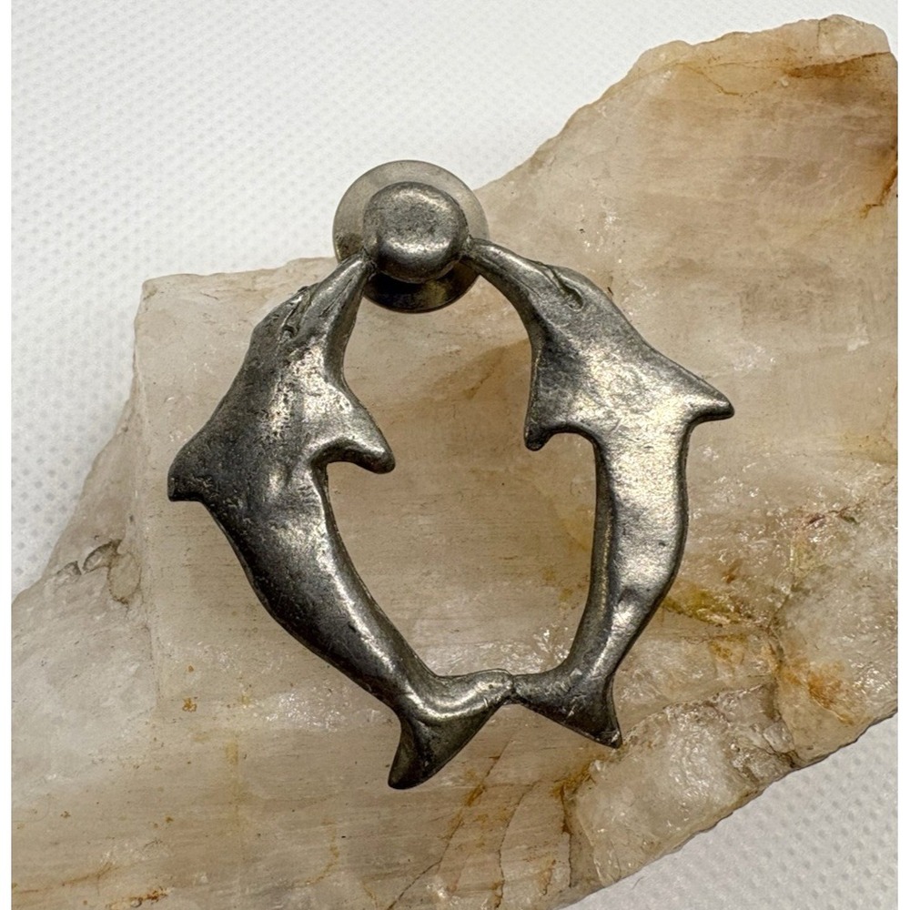 Vintage Pewter Dolphin Brooch Pin Signed H. Adams Two Dolphins with Ball Retro